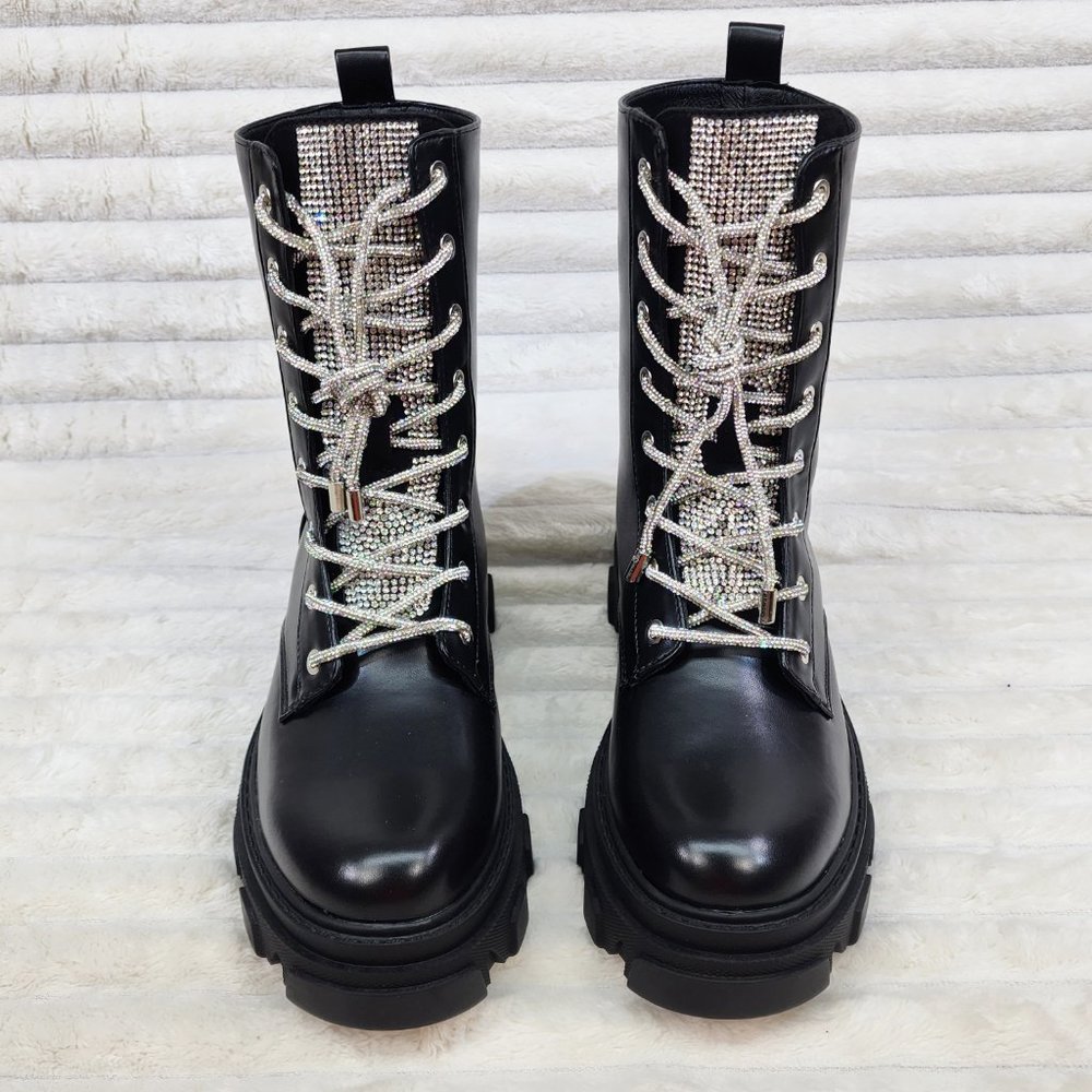 Rowan Black Combat Ankle Boots Iridescent Rhinestone Tongue and Rope Laces